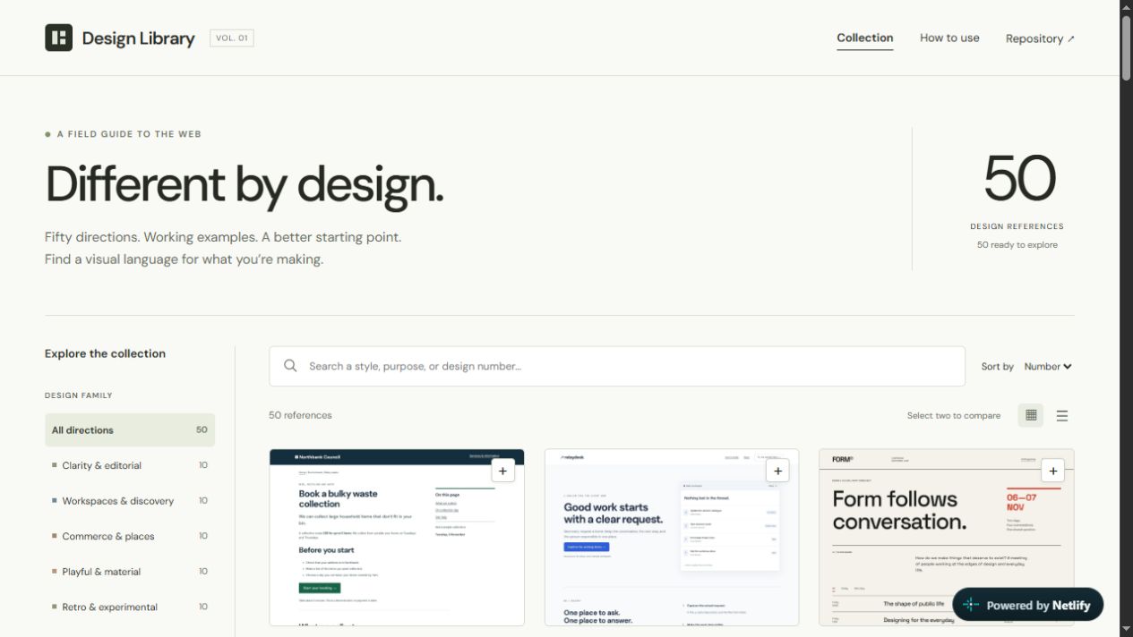 The design library with filters and different website examples to explore